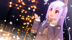 Rule 34 | 1girl, :d, animal ears, bad id, bad pixiv id, rabbit ears, coat, dutch angle, female focus, h@ll, happy, jacket, lights, long hair, mittens, night, open mouth, purple hair, red eyes, reisen udongein inaba, scarf, smile, snow, snowing, solo, touhou, winter clothes, winter coat