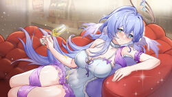 Rule 34 | 1girl, alternate costume, aqua eyes, armlet, bare shoulders, blue hair, blush, bow, breasts, champagne flute, chinese commentary, cleavage, collarbone, commentary request, couch, cup, dress, drinking glass, earrings, full body, hair between eyes, halo, head wings, highres, holding, holding cup, honkai: star rail, honkai (series), jewel under eye, jewelry, large breasts, long hair, looking at viewer, lying, on side, pouring, pouring onto self, purple bow, purple ribbon, ribbon, robin (honkai: star rail), solo, sparkle, srpzk, very long hair, white dress, wings