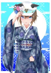 Rule 34 | 1girl, 2024, absurdres, alternate costume, animal ears, blue eyes, blue kimono, blush, breasts, brown hair, cheval grand (umamusume), commentary request, flower, hair flower, hair ornament, hat, highres, horse ears, japanese clothes, kimono, long sleeves, looking at viewer, medium breasts, obnovit zero, open mouth, solo, translation request, umamusume