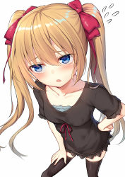 Rule 34 | 1girl, alexmaster, black dress, black thighhighs, blonde hair, blue eyes, blush, bow, collarbone, dress, eyebrows, fang, flying sweatdrops, frilled sleeves, frills, hair between eyes, hair bow, hand on own hip, hand on own thigh, hand on thigh, highres, lace, lace-trimmed dress, lace trim, long hair, looking away, open mouth, original, red bow, simple background, solo, thighhighs, tsundere, twintails, white background