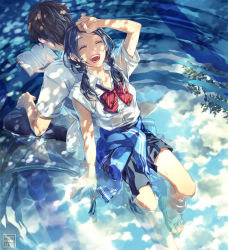 Rule 34 | 1boy, 1girl, ^ ^, back-to-back, blue hair, blue theme, book, bow, bowtie, closed eyes, clothes around waist, cloud, dappled sunlight, closed eyes, flip-flops, from above, hand on forehead, highres, hose, jacket, jacket around waist, laughing, long hair, minami seira, open book, open mouth, original, partially submerged, pool, reading, reflection, revision, ripples, sandals, school uniform, shirt, sitting, sky, sleeves pushed up, summer, sunlight, tree shade, twintails, water, wet
