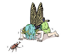 Rule 34 | 1girl, antennae, barefoot, blue sky, butterfly wings, commentary request, eternity larva, green skirt, hair down, hands on floor, highres, imminent fight, insect wings, kneeling, leaf, leaf on head, peroponesosu., shadow, short hair, short sleeves, simple background, skirt, sky, solo, stag beetle, touhou, white background, wings