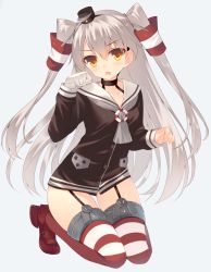 Rule 34 | 10s, 1girl, amatsukaze (kancolle), ankle boots, boots, d:, dress, fang, full body, garter straps, grey background, grey hair, hat, highres, kantai collection, kneeling, miko (royal milk), open mouth, paw pose, red thighhighs, sailor dress, school uniform, serafuku, short dress, simple background, solo, striped clothes, striped thighhighs, thigh strap, thighhighs, twintails, two side up, yellow eyes, zettai ryouiki