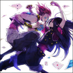Rule 34 | 2boys, between fingers, card, earrings, eye contact, face-to-face, facial mark, hisoka (hunter x hunter), holding, hunter x hunter, illumi zoldyck, jewelry, long hair, looking at another, male focus, multiple boys, neck ring, needle, playing card, purple eyes, purple hair, red eyes, red hair, rusuko, short hair, star (symbol)