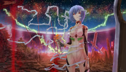 Rule 34 | 1girl, ayanami rei, bandaged head, bandages, bident, blood, blue hair, bodysuit, bouquet, bracer, breasts, breasts apart, colored eyelashes, cowboy shot, electricity, flower, gloves, hair between eyes, hand on own thigh, heiyuen, highres, holding, holding bouquet, holding flower, impossible bodysuit, impossible clothes, lance of longinus (evangelion), legs apart, looking at viewer, medium breasts, neon genesis evangelion, outdoors, pilot suit, pine tree, planted, plugsuit, polearm, pyramid (structure), rebuild of evangelion, red eyes, short hair, signature, skin tight, sky, solo, space, spear, standing, star (sky), starry sky, tree, turtleneck, untied, weapon