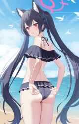 Rule 34 | 1girl, animal ear fluff, animal ears, ass, bare arms, bare legs, bare shoulders, beach, bikini, black bikini, black hair, blue archive, blush, cat ears, cowboy shot, day, extra ears, fingernails, frilled bikini, frills, hair between eyes, halo, highres, kurumi lm, long hair, looking at viewer, looking back, ocean, official alternate costume, open mouth, outdoors, pink halo, red eyes, serika (blue archive), serika (swimsuit) (blue archive), solo, swimsuit, twintails, twitter username
