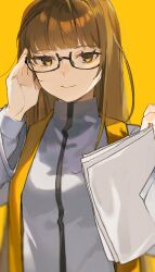 Rule 34 | 1girl, adjusting eyewear, blunt bangs, brown hair, closed mouth, commentary request, glasses, hamelon310, highres, holding, holding paper, jacket, limbus company, long hair, long sleeves, paper, project moon, simple background, solo, upper body, white jacket, yellow background, yellow eyes