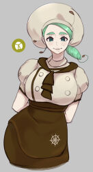 Rule 34 | 1girl, apron, arms behind back, ascot, breasts, brown apron, brown ascot, brown skirt, buttons, chef hat, creatures (company), cropped legs, game freak, green eyes, green hair, hat, highres, katy (pokemon), large breasts, low side ponytail, mole, mole on cheek, nintendo, pokemon, pokemon sv, puffy short sleeves, puffy sleeves, seiyaofabyss, short sleeves, skirt, solo, spider web print, underbust, waist apron