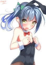 Rule 34 | 10s, 1girl, alternate costume, animal ears, bad id, bad pixiv id, bare shoulders, blush, bow, bowtie, breasts, brown pantyhose, cleavage, detached collar, fake animal ears, fang, grey hair, hair ornament, hair ribbon, hairband, highres, kantai collection, kasumi (kancolle), leotard, long hair, looking at viewer, nebusoku, open mouth, pantyhose, playboy bunny, ponytail, rabbit ears, ribbon, side ponytail, simple background, small breasts, solo, twitter username, white background, wrist cuffs, yellow eyes