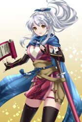 Rule 34 | 1girl, black gloves, black thighhighs, blue scarf, breasts, cleavage, elbow gloves, fingerless gloves, fire emblem, fire emblem: radiant dawn, fire emblem heroes, gloves, highres, holding shuriken, holding weapon, japanese clothes, kakiko210, long hair, looking at viewer, medium breasts, micaiah (fire emblem), micaiah (ninja) (fire emblem), ninja, nintendo, official alternate costume, official alternate hairstyle, open mouth, orange eyes, pelvic curtain, ponytail, scarf, scroll, shuriken, smile, solo, thighhighs, weapon, white hair