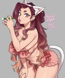 Rule 34 | 1girl, agawa ryou, animal ear fluff, animal ears, armpit crease, artist name, bare shoulders, bent over, bow, bow bra, bow shorts, bra, breasts, blowing bubbles, cat ears, cat tail, cleavage, collarbone, commentary, covered erect nipples, cowboy shot, dated, english commentary, fake animal ears, fake tail, flipped hair, frilled bra, frills, gradient hair, grey background, hand on own thigh, hand up, huge breasts, light brown hair, long hair, looking at viewer, multicolored hair, nail polish, navel, numbered, orange eyes, orange nails, original, parted lips, pink bra, pink lips, pink shorts, purple hair, short eyebrows, short shorts, shorts, sidelocks, simple background, skindentation, solo, tail, thick eyebrows, thighs, two-tone hair, underwear, very long hair, wavy hair