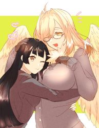 Rule 34 | 2girls, :t, animal hands, black hair, blonde hair, blunt bangs, bone color919, breasts, brown eyes, colored eyelashes, feathered wings, feathers, glasses, green background, hair intakes, hair over one eye, harpy, headpat, heart, hug, jacket, large breasts, letterboxed, long hair, medium breasts, monster girl, multiple girls, neck fur, neck ruff, notice lines, one eye closed, open mouth, protagonist 2 (housamo), red-framed eyewear, simple background, smile, tokyo houkago summoners, upper body, white feathers, wings, ziz (housamo)