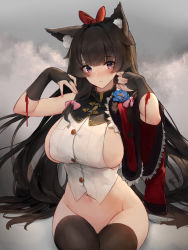 Rule 34 | 1girl, animal ears, blush, bottomless, bow, breasts, bridal gauntlets, brown gloves, brown hair, brown thighhighs, buttons, closed mouth, commentary request, detached collar, fingernails, fox ears, fur-trimmed jacket, fur-trimmed sleeves, fur trim, gloves, groin, hair bow, hands up, highres, jacket, jacket on shoulders, large breasts, legs together, long hair, looking at viewer, nail polish, navel, original, pink bow, pink nails, purple eyes, red jacket, ruffling hair, shirt, sideboob, sidelocks, sitting, sleeveless, sleeveless shirt, solo, stomach, thighhighs, very long hair, white shirt, yashemao qishi