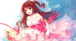 Rule 34 | 1girl, :d, bad id, bad pixiv id, bare shoulders, blush, bouquet, bow, breasts, brown hair, choker, cleavage, collarbone, dress, flower, hair ornament, idolmaster, idolmaster cinderella girls, large bow, large breasts, layered dress, layered skirt, long hair, looking at viewer, off-shoulder dress, off shoulder, one side up, open mouth, orange eyes, pf, pink bow, red choker, rose, round teeth, shimamura uzuki, skirt, skirt hold, smile, solo, tareme, teeth, upper body, very long hair, wavy hair