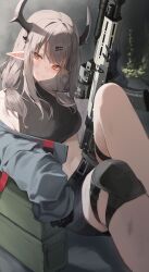 Rule 34 | 1girl, absurdres, artist request, assault rifle, bare shoulders, belt, black gloves, black shirt, black shorts, breasts, brown hair, closed mouth, commission, crop top, gloves, grey jacket, gun, hair ornament, hairclip, hand up, highres, holding, holding gun, holding weapon, horns, jacket, khremz&#039;s character, knee pads, knee up, legs, long hair, long sleeves, looking at viewer, medium breasts, midriff, navel, off shoulder, open clothes, open jacket, original, pointy ears, red eyes, rifle, second-party source, shirt, short shorts, shorts, sidelocks, single knee pad, sitting, sleeveless, sleeveless shirt, smile, solo, stomach, sweat, thigh strap, weapon, weapon request