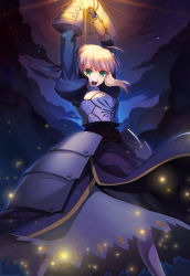 Rule 34 | 1girl, ahoge, armor, armored dress, arms up, artoria pendragon (fate), blonde hair, breastplate, cloud, dress, excalibur (fate/stay night), fate/stay night, fate (series), green eyes, highres, night, open mouth, saber (fate), sky, solo, sword, vmax-ver, weapon