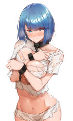 Rule 34 | 1girl, areola slip, azur lane, blush, breast press, breasts, chain, chapayev (azur lane), chapayev (the captive cavalier) (azur lane), closed mouth, commentary request, covered erect nipples, cowboy shot, cuffs, groin, highres, large breasts, looking at viewer, midriff, mole, mole on breast, navel, puffy nipples, shirt, simple background, tears, tokiwa midori (kyokutou funamushi), torn clothes, torn shirt, wavy mouth, white background