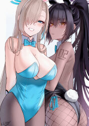 Rule 34 | 2girls, animal ears, ass, asuna (blue archive), asuna (bunny) (blue archive), bare shoulders, black hair, black leotard, blue archive, blue eyes, blue leotard, blue ribbon, blush, breasts, brown pantyhose, cleavage, cliov, curvy, dark-skinned female, dark skin, detached collar, fake animal ears, fishnet pantyhose, fishnets, grin, hair over one eye, hair ribbon, halo, high ponytail, highleg, highleg leotard, highres, huge ass, karin (blue archive), karin (bunny) (blue archive), large breasts, leotard, light brown hair, long hair, looking at viewer, looking back, multiple girls, pantyhose, playboy bunny, ponytail, rabbit ears, rabbit tail, ribbon, shiny clothes, shiny skin, sidelocks, smile, tail, very long hair, wide hips, yellow eyes