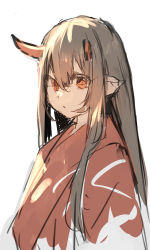 Rule 34 | 1girl, brown eyes, brown hair, brown kimono, closed mouth, commentary request, highres, horns, japanese clothes, kimono, long hair, looking at viewer, original, pointy ears, simple background, sketch, solo, upper body, very long hair, white background, yuuji (yukimimi)