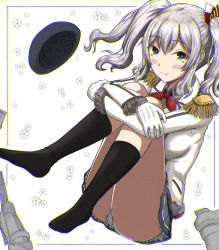 Rule 34 | 1girl, absurdres, black socks, blue eyes, breasts, chromatic aberration, epaulettes, gloves, grey hair, h2 (h20000000), highres, hugging own legs, jacket, kantai collection, kashima (kancolle), kneehighs, medium breasts, military jacket, miniskirt, no shoes, panties, pantyshot, partially colored, pleated skirt, shoes, unworn shoes, skirt, smile, socks, solo, twintails, underwear, white gloves, white jacket, white panties