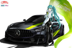 Rule 34 | 1girl, :d, absurdres, aqua hair, ass, asymmetrical clothes, black bodysuit, black footwear, black gloves, black thighhighs, bodysuit, boots, car, character name, commentary, copyright notice, crop top, crypton future media, english commentary, flag, from side, full body, gloves, goodsmile racing, green eyes, hair between eyes, hatsune miku, highres, holding, holding flag, long hair, long sleeves, looking at viewer, mercedes-benz, mercedes-benz amg gt, mixed-language commentary, motor vehicle, nougat (73r1r1), open mouth, racing miku, racing miku (2022), simple background, single thigh boot, single thighhigh, smile, solo, thigh boots, thighhighs, twintails, vehicle focus, very long hair, vocaloid, white background