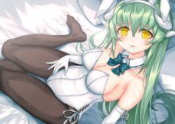 Rule 34 | 1girl, alternate costume, black pantyhose, bow, breasts, detached collar, dragon girl, dragon horns, elbow gloves, fate/grand order, fate (series), fishnet pantyhose, fishnets, gloves, green hair, hair bow, horns, kiyohime (fate), large breasts, leotard, long hair, morizono shiki, multiple horns, no shoes, pantyhose, playboy bunny, ponytail, solo, white gloves, yellow eyes