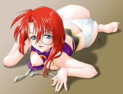 Rule 34 | 00s, 1girl, barefoot, blue eyes, blush, breasts, broccoli (company), feet, forte stollen, fuji shinobu, galaxy angel, glasses, long hair, looking at viewer, midriff, monocle, nipples, no bra, non-web source, on floor, open clothes, panties, red hair, simple background, solo, underwear