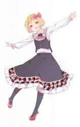 Rule 34 | 1girl, adapted costume, ascot, black pantyhose, blonde hair, checkered clothes, checkered skirt, cupcake, food, food print, full body, hair ribbon, leaning, looking at viewer, open mouth, outstretched arms, pantyhose, red eyes, ribbon, rumia, short hair, simple background, skirt, skirt set, solo, spread arms, standing, standing on one leg, striped clothes, striped skirt, striped vest, touhou, tsukimiya kamiko, vest, white background