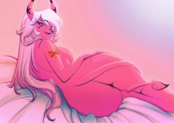 Rule 34 | 1girl, ass, bed sheet, breasts, chromaticmood, demon girl, helluva boss, highres, large breasts, long hair, looking back, lying, nude, pink eyes, solo, verosika mayday, white hair