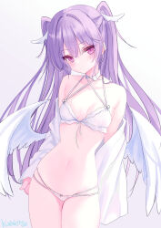 1girl absurdres artist_name bare_shoulders bikini blush breasts cleavage closed_mouth commentary_request cowboy_shot gradient_background highres kuroikitsu31 long_hair long_sleeves looking_at_viewer navel off_shoulder open_clothes open_shirt original pink_eyes purple_hair shirt skindentation sleeves_past_wrists small_breasts solo swimsuit twintails very_long_hair white_background white_bikini white_shirt white_wings wings