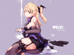 Rule 34 | 1girl, 2020, ass, bare shoulders, black dress, black panties, black shorts, black thighhighs, blonde hair, breasts, cum, cum on hair, dated, dress, eyepatch, facial, fischl (genshin impact), fishnets, frilled dress, frills, garter straps, genshin impact, hair ribbon, half-closed eyes, heart, hei yan-m82a1, highres, lying, multicolored clothes, multicolored dress, nail polish, on side, panties, purple dress, ribbon, rolling eyes, see-through, short shorts, shorts, sleeveless, sleeveless dress, solo, tears, thighhighs, torn clothes, twintails, underwear