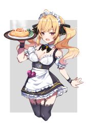 Rule 34 | 1girl, :d, ahoge, apron, arm at side, black thighhighs, blonde hair, border, bow, breasts, cleavage, collar, cropped legs, detached collar, detached sleeves, dress, food, frilled apron, frilled dress, frilled sleeves, frills, garter straps, grey background, hair bow, hand up, heart, holding, holding plate, light blush, long hair, looking at viewer, maid, maid headdress, medium breasts, mm (mm chair), nijisanji, omelet, omurice, open mouth, outside border, pink eyes, plate, puffy short sleeves, puffy sleeves, short dress, short sleeves, simple background, sleeveless, sleeveless dress, smile, solo, takamiya rion, thighhighs, twintails, virtual youtuber, wavy hair, white apron, white background, white collar, white headdress, white sleeves, wristband