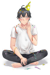 Rule 34 | 1boy, absurdres, ahoge, birthday, black eyes, black hair, blouse, blush, commentary request, frown, full body, hat, highres, hikigaya hachiman, looking at viewer, male focus, meri-san, parted bangs, party hat, shirt, short hair, simple background, sitting, solo, white background, white shirt, yahari ore no seishun lovecome wa machigatteiru.