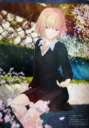Rule 34 | 1girl, absurdres, blonde hair, cherry blossoms, green eyes, highres, jewelry, kyoto, original, river, shirt, sitting, skirt, solo, takeuchi takashi, tree