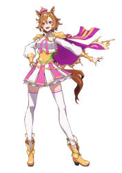 Rule 34 | 1girl, ahoge, animal ears, boots, bow, breasts, cape, crown, ear piercing, full body, gold footwear, hair between eyes, horse ears, horse girl, horse tail, jewelry, long sleeves, looking at viewer, mini crown, multicolored clothes, multicolored skirt, multiple rings, open mouth, orange hair, piercing, purple eyes, ring, short hair, simple background, skirt, smile, solo, standing, t.m. opera o (umamusume), tail, tenkey2022, thighhighs, thumb ring, umamusume, white background