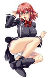 Rule 34 | 1girl, ass, blush, bow, breasts, cameltoe, covered erect nipples, female focus, full body, green eyes, large breasts, panties, pink hair, quiz magic academy, red hair, ruquia, school uniform, shoes, short hair, solo, underwear, upskirt, white background, white panties, yuzuki n dash