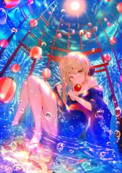 Rule 34 | 1girl, artoria pendragon (fate), ass, bare legs, bare shoulders, blonde hair, blush, braid, breasts, candy apple, cleavage, commentary request, enj!, fate/grand order, fate/stay night, fate (series), fireworks, food, french braid, hair ribbon, highres, holding, holding food, japanese clothes, kimono, lantern, medium breasts, off shoulder, partially submerged, ribbon, saber (fate), saber alter, sandals, sash, sitting, smile, solo, torii, water, wet, wide sleeves, yellow eyes, yukata