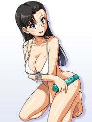 Rule 34 | 1girl, arm between legs, asymmetrical bangs, barefoot, bikini, black eyes, black hair, bottle, breast hold, breasts, cleavage, commentary request, front-tie bikini top, front-tie top, girls und panzer, holding, holding bottle, kneeling, large breasts, leaning forward, long hair, looking at viewer, nishi kinuyo, oosaka kanagawa, open mouth, ramune, smile, solo, straight hair, sweat, swimsuit, white bikini