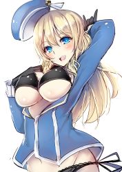 Rule 34 | 10s, 1girl, \m/, absurdres, atago (kancolle), beret, black bra, black gloves, black panties, blonde hair, blue eyes, blush, bottomless, bra, breasts, breasts out, female focus, gloves, hat, highres, kantai collection, korezyanai, large breasts, long hair, long sleeves, looking at viewer, military, military uniform, no pants, open clothes, open mouth, panties, side-tie panties, simple background, sketch, smile, solo, underwear, uniform, upper body, white background