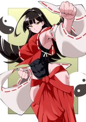 Rule 34 | 1girl, ahoge, black hair, black leotard, breasts, clenched hands, commentary request, covered abs, cowboy shot, detached sleeves, fugaku (miko no miyatsuguchi), hakama, hakama skirt, highres, hip vent, huge ahoge, japanese clothes, large breasts, leotard, leotard under clothes, long hair, looking at viewer, m.u.g.e.n, miko, multiple scars, muscular, muscular female, nontraditional miko, orb, red hakama, red skirt, ribbon-trimmed sleeves, ribbon trim, scar, scar on arm, scar on face, scar on hand, scar on hip, scar on shoulder, sendai hakurei no miko, skirt, solo, touhou, white sleeves, wide sleeves, yin yang, yin yang orb