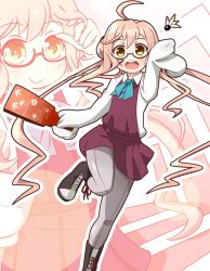 Rule 34 | 1girl, ahoge, boots, bow, bowtie, cross-laced footwear, double bun, facepaint, glasses, grey pantyhose, gudon (iukhzl), hagoita, hair bun, halterneck, hane (hanetsuki), hanetsuki, kantai collection, lace-up boots, long sleeves, makigumo (kancolle), paddle, pantyhose, pink hair, school uniform, shirt, sleeves past fingers, sleeves past wrists, solo, twintails, white shirt, zoom layer