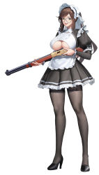 Rule 34 | 1girl, absurdres, acid g, apron, breast cutout, breasts, brown hair, cleavage, cleavage cutout, clothing cutout, constantia s2, dress, frilled dress, frilled sleeves, frills, full body, game cg, glasses, green eyes, grin, gun, hair ribbon, high heels, highres, holding, holding gun, holding weapon, large breasts, last origin, lever action, lips, lipstick, long hair, long sleeves, looking at viewer, maid, maid apron, maid headdress, makeup, official art, pantyhose, parted lips, ponytail, puffy long sleeves, puffy sleeves, revealing clothes, ribbon, rifle, short dress, sidelocks, simple background, smile, solo, standing, swept bangs, tachi-e, thigh strap, underboob, underboob cutout, weapon, white background, winchester model 1887