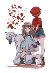 Rule 34 | 10s, 1boy, 2girls, :d, ae-3803, arms behind back, bag, blood, blood writing, blue shirt, brown eyes, brown hair, child, collarbone, colored skin, commentary request, denim, denim shorts, fanny pack, from behind, hat, hataraku saibou, headwear writing, highres, long hair, multiple girls, on one knee, open mouth, pants, platelet (hataraku saibou), pocket, red blood cell (hataraku saibou), red hair, red hat, red shirt, shipii (jigglypuff), shirt, short hair, short sleeves, shorts, sleeves rolled up, smile, translation request, u-1146, white background, white blood cell (hataraku saibou), white footwear, white hair, white hat, white pants, white skin