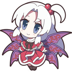 Rule 34 | 1girl, 60mai, black bow, black bowtie, blue eyes, blush, bow, bowtie, capelet, chibi, closed mouth, dress, full body, hair bobbles, hair ornament, long hair, long sleeves, looking at viewer, multiple wings, one side up, red dress, shinki (touhou), simple background, smile, solo, standing, touhou, touhou (pc-98), white background, white hair, wings