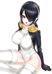 Rule 34 | 10s, 1girl, :o, arm support, arms at sides, black gloves, black hair, black jacket, blush, bodysuit, brown eyes, colored eyelashes, commentary request, covered navel, drawstring, elbow gloves, emperor penguin (kemono friends), from side, gloves, groin, hair over one eye, headphones, highleg, highleg leotard, hip focus, hood, hood down, hooded jacket, jacket, kemono friends, kfr, leotard, long hair, long sleeves, looking at viewer, multicolored hair, open clothes, open jacket, open mouth, orange hair, red hair, shadow, simple background, sitting, solo, spread legs, streaked hair, taut clothes, thighhighs, thighs, tight clothes, turtleneck, white background, white bodysuit, white leotard, white thighhighs