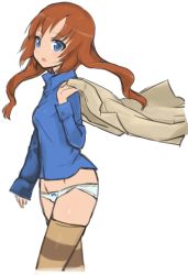 Rule 34 | 1girl, aohashi ame, blue bow, blue eyes, blush, bow, bow panties, brown thighhighs, cowboy shot, cropped legs, dress shirt, highres, holding, jacket, long hair, long sleeves, open mouth, orange hair, over shoulder, panties, patricia schade, shirt, simple background, sketch, solo, strike witches, strike witches: kurenai no majo-tachi, striped clothes, striped thighhighs, thighhighs, underwear, white background, white panties, world witches series