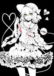 Rule 34 | 1girl, :d, absurdres, bad id, bad pixiv id, blood, blood on hands, bloody tears, bloody weapon, bow, constricted pupils, cowboy shot, eyeball, floral print, frilled sleeves, frills, green eyes, greyscale, hat, hat bow, heart, heart-shaped pupils, heart of string, highres, holding, holding knife, knife, komeiji koishi, long sleeves, looking at viewer, monochrome, multiple monochrome, open mouth, sheya, shirt, short hair, skirt, smile, solo, spot color, symbol-shaped pupils, third eye, touhou, weapon, wide sleeves