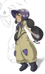 Rule 34 | 1girl, bad id, bad pixiv id, belt, black footwear, black hair, blush stickers, bonnet, boots, bright pupils, closed mouth, creatures (company), dark skin, full body, game freak, gen 7 pokemon, gloves, hapu (pokemon), holding, holding poke ball, horse, island kahuna, jumpsuit, long hair, mudsdale, nintendo, npc trainer, poke ball, poke ball (basic), pokemon, pokemon (creature), pokemon sm, puffy short sleeves, puffy sleeves, purple eyes, purple gloves, shadow, short sleeves, simple background, standing, thick eyebrows, tin078, twintails, white background
