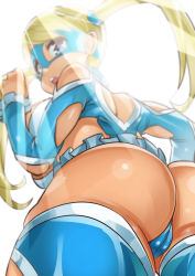 Rule 34 | 1girl, ass, ass focus, blonde hair, blue eyes, blurry, breasts, cameltoe, cleft of venus, depth of field, female focus, huge ass, large breasts, leotard, light rays, long hair, looking back, mask, open mouth, pov, rainbow mika, simple background, solo, street fighter, street fighter v, tashiromotoi, twintails, white background, wide hips, wrestling outfit