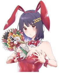 Rule 34 | 1girl, 2023, animal ears, banknote, bare shoulders, between breasts, black hair, bow, bowtie, breasts, chinese zodiac, collar, detached collar, fake animal ears, hairband, happy new year, highres, kuune rin, leotard, medium breasts, money, new year, original, parted lips, playboy bunny, rabbit ears, red bow, red bowtie, red collar, red eyes, red hairband, red leotard, short hair, simple background, solo, strapless, strapless leotard, upper body, v-shaped eyebrows, white background, wrist cuffs, year of the rabbit